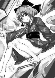 Rule 34 | 1girl, bad id, bad pixiv id, bare legs, barefoot, bow, cirno, convenient censoring, feet, greyscale, hair bow, highres, hitotsuki nebura, ice, ice wings, japanese clothes, kimono, looking at viewer, monochrome, obi, sash, short hair, simple background, solo, touhou, wings