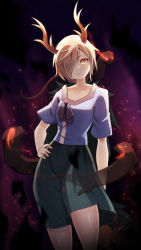 Rule 34 | 1girl, antlers, blonde hair, blue shirt, closed mouth, collarbone, cowboy shot, dark background, dragon, dragon girl, dragon horns, green skirt, hair over one eye, hand on own hip, head tilt, horns, kicchou yachie, light particles, looking at viewer, shirt, short hair, short sleeves, skirt, solo, standing, touhou, turtle shell, yellow eyes, z.o.b