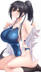 Rule 34 | 1girl, absurdres, black hair, black socks, blush, breasts, cleavage, collarbone, competition swimsuit, covered navel, highres, idolmaster, idolmaster shiny colors, kneeling, large breasts, long hair, looking at viewer, one-piece swimsuit, open clothes, open shirt, ponytail, sateridas, shirase sakuya, shirt, simple background, socks, solo, swimsuit, very long hair, white shirt, yellow eyes