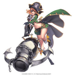 Rule 34 | 1girl, :d, anchor, black footwear, boots, brown hair, cannon, cape, chain, chaos online, company name, copyright name, eyepatch, full body, gloves, happy, hat, highres, knee boots, love cacao, midriff, navel, nils (chaos online), official art, open mouth, orange eyes, pirate, pirate hat, pleated skirt, ribbon, short hair, simple background, skirt, smile, solo, standing, standing on one leg, white background