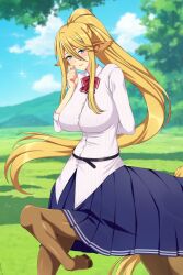 1girl animal_ears arm_behind_back belt black_belt blonde_hair blue_eyes blue_skirt blue_sky blush breasts button_gap centaur centorea_shianus cloud collared_shirt commentary cowboy_shot day english_commentary hair_between_eyes highres horse_ears horse_tail large_breasts lindaroze long_hair long_sleeves looking_at_viewer monster_girl monster_musume_no_iru_nichijou multiple_legs neck_ribbon outdoors parted_lips pleated_skirt pointy_ears ponytail red_ribbon ribbon shirt sidelocks skirt sky solo standing standing_on_three_legs tail taur very_long_hair white_shirt