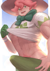 Rule 34 | 1boy, abs, absurdres, bulge, clothes lift, colored pubic hair, creatures (company), erection, erection under clothes, freckles, game freak, gloves, green eyes, gym leader, hat, highres, huge filesize, large penis, looking at viewer, male focus, milo (pokemon), muscular, navel, nintendo, open mouth, penis, pink hair, pokemon, pokemon swsh, pubic hair, self exposure, shirt, shirt lift, smile, sweat, yusa (usa kotobuki)