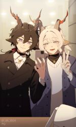 Rule 34 | 2boys, animal ears, arknights, artist name, black coat, black hair, blush, bow, cellphone, coat, commentary request, dated, ebenholz (arknights), goat boy, goat ears, goat horns, grey coat, hair between eyes, hair bow, half-closed eyes, highres, holding, holding phone, horns, korean commentary, kreide (arknights), long hair, long sleeves, looking at phone, male focus, multiple boys, open mouth, phone, ponytail, pq, purple eyes, red bow, rhodes island logo (arknights), selfie, shirt, smartphone, smile, sweater, v, white hair, white shirt, white sweater