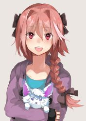 Rule 34 | 1boy, animal, astolfo (fate), astolfo (memories at trifas) (fate), blush, braid, fate/apocrypha, fate/grand order, fate (series), fou (fate), highres, long hair, looking at viewer, male focus, mugcup, official alternate costume, open mouth, pink hair, purple eyes, ribbon, simple background, single braid, smile, solo, trap