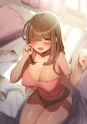 Rule 34 | 1girl, absurdres, bed, bed sheet, blanket, blush, breasts, brown hair, camisole, cleavage, collarbone, commentary request, covered erect nipples, curtains, furune emu, grey panties, highres, large breasts, long hair, morning, one eye closed, open mouth, original, panties, perky breasts, pillow, red camisole, red eyes, sidelocks, sitting, solo, thighs, underwear, window, yawning