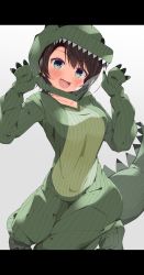 Rule 34 | 1girl, absurdres, black hair, blue eyes, blush, breasts, costume, dinosaur costume, fang, highres, hololive, kuno (kc9s), large breasts, oozora subaru, open mouth, smile, virtual youtuber