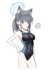 Rule 34 | 1girl, absurdres, adjusting clothes, adjusting swimsuit, animal ear fluff, animal ears, bare arms, bare shoulders, blue archive, blue eyes, breasts, closed mouth, competition swimsuit, covered navel, cropped legs, cross hair ornament, earrings, fataaa, grey hair, groin, hair ornament, halo, highres, jewelry, medium breasts, motion lines, musical note, one-piece swimsuit, ponytail, shiroko (blue archive), shiroko (swimsuit) (blue archive), skin tight, solo, spoken musical note, stud earrings, swimsuit, wet, wet hair
