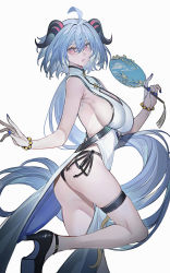 Rule 34 | 1girl, absurdres, ahoge, alternate costume, ass, bare arms, bare shoulders, bead bracelet, beads, black footwear, blue hair, blue nails, bracelet, china dress, chinese clothes, commentary, dress, echj, ganyu (genshin impact), genshin impact, hand fan, high heels, highres, holding, horns, jewelry, long hair, looking at viewer, nail polish, paper fan, purple eyes, simple background, sleeveless, sleeveless dress, solo, thigh strap, thighs, uchiwa, very long hair, white background, white dress