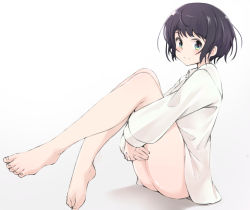 Rule 34 | 1girl, ass, bare legs, barefoot, black hair, blue eyes, collared shirt, commentary request, eyelashes, feet, hololive, hugging own legs, k-go, knees together feet apart, legs, long legs, long sleeves, looking at viewer, medium hair, no pants, oozora subaru, shadow, shiny skin, shirt, sidelocks, simple background, sitting, solo, swept bangs, thighs, toes, virtual youtuber, white background, white shirt