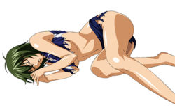Rule 34 | 00s, 1girl, antenna hair, ass, barefoot, breasts, closed eyes, female focus, green hair, ikkitousen, kyocho chuukou, large breasts, legs, lowres, lying, midriff, no bra, on side, shirt, short hair, simple background, sleeping, sleeveless, sleeveless shirt, solo, sportswear, torn clothes, underboob, uniform, volleyball uniform, white background