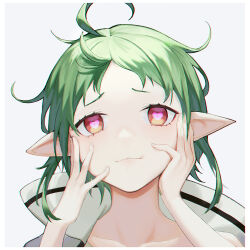 Rule 34 | 1girl, ahoge, closed mouth, elf, green hair, hands on own face, hands up, heart, heart-shaped pupils, lis zhu long, looking at viewer, mushoku tensei, pointy ears, red eyes, short hair, smile, solo, sylphiette (mushoku tensei), symbol-shaped pupils, upper body, white background