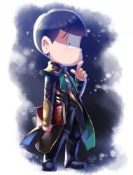 Rule 34 | 10s, 1boy, alternate costume, avengers (series), bad id, bad pixiv id, black eyes, black footwear, black hair, book, boots, cape, closed mouth, coat, cosplay, eyebrows, finger to mouth, frown, full body, hariyama (toubou tengoku), holding, holding book, loki (marvel), loki (marvel) (cosplay), long sleeves, looking at viewer, male focus, marvel, matsuno choromatsu, osomatsu-kun, osomatsu-san, osomatsu (series), shade, signature, solo, standing