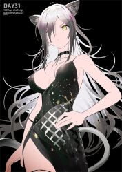 Rule 34 | animal ears, arknights, arm strap, bare shoulders, black background, black choker, black dress, black theme, breasts, choker, cleavage, closed mouth, collarbone, covered navel, dress, grey hair, hair over one eye, hand on own hip, highleg, highleg dress, highres, hip vent, large breasts, long hair, looking at viewer, makkuro, messy hair, panther ears, panther tail, schwarz (arknights), sideboob, sidelocks, standing, tail, thigh strap, very long hair, yellow eyes