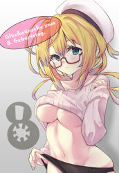 Rule 34 | 1girl, alternate costume, black panties, blonde hair, blue eyes, blush, breasts, closed mouth, german text, glasses, grey background, hair between eyes, hat, i-8 (kancolle), kantai collection, large breasts, long hair, long sleeves, midriff, navel, panties, panty pull, red-framed eyewear, ribbed sweater, sanninme no haru, sidelocks, simple background, solo, speech bubble, sweater, translated, underboob, underwear, white hat, white sweater
