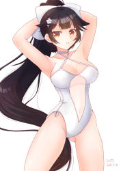 Rule 34 | 1girl, arms behind head, artist name, azur lane, black hair, bow, brown eyes, casual one-piece swimsuit, covered erect nipples, cowboy shot, criss-cross halter, dated, hair bow, hair flaps, halterneck, looking at viewer, mirun (funimani), one-piece swimsuit, ponytail, ribbon, simple background, solo, standing, swimsuit, takao (azur lane), takao (beach rhapsody) (azur lane), white background, white bow, white one-piece swimsuit, white ribbon