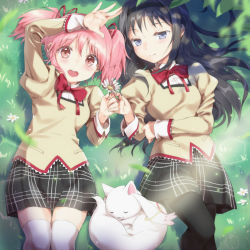 Rule 34 | 2girls, akemi homura, black hair, black hairband, black pantyhose, blush, bow, bowtie, closed mouth, commentary, flower, grass, hair ribbon, hairband, holding, holding flower, kaname madoka, kyubey, long hair, long sleeves, looking at viewer, lying, mahou shoujo madoka magica, mahou shoujo madoka magica (anime), mitakihara school uniform, multiple girls, on back, open mouth, pantyhose, pink eyes, pink hair, purple eyes, red bow, red ribbon, ribbon, school uniform, shadow, short twintails, skirt, smile, sunlight, thighhighs, twintails, unya (unya-unya), white thighhighs