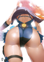 Rule 34 | 1girl, ass, ass focus, back, breasts, choker, from behind, from below, ge xi, gloves, highres, huge ass, long hair, orange hair, original, partially visible vulva, ponytail, sideboob, simple background, single glove, solo, thigh gap, thigh strap, white background, wind, witch, witch (puyopuyo), witches in 7th base