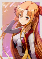 Rule 34 | 1girl, absurdres, asuna (sao), blonde hair, border, braid, breasts, breasts apart, brown eyes, closed mouth, collarbone, floating hair, french braid, grey border, grey shirt, hair between eyes, hair intakes, half updo, hand in own hair, highres, jacket, lens flare, long hair, looking at viewer, medium breasts, open clothes, open jacket, outside border, pleated skirt, red jacket, red skirt, sasasa r 23, shirt, skirt, sleeveless, sleeveless jacket, smile, solo, sword art online, very long hair