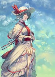 Rule 34 | 1girl, aged up, blue skirt, capelet, commentary request, day, dress, expressionless, hair between eyes, hat, hat ribbon, highres, lips, outdoors, parasol, red eyes, red ribbon, remilia scarlet, ribbon, sash, shukusuri, skirt, solo, standing, sun hat, touhou, umbrella, white dress, white hat