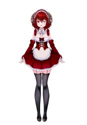 Rule 34 | apron, black stockings, cat girl, copyright request, happy, heterochromia, horns, maid apron, non-web source, red apron, red hair, short hair, smile, solo focus, venusforger, virtual youtuber