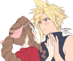 Rule 34 | aerith gainsborough, artist name, bare arms, blonde hair, blue eyes, blue shirt, blush, braid, braided ponytail, cloud strife, dated, earrings, final fantasy, final fantasy vii, final fantasy vii remake, green eyes, hair between eyes, hair ribbon, high five, jacket, jewelry, krudears, long hair, looking at another, open mouth, parted bangs, pink ribbon, red jacket, ribbon, shirt, short hair, sidelocks, single earring, sketch, sleeveless, sleeveless turtleneck, smile, spiked hair, turtleneck, twitter username, upper body, wavy hair, white background