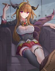 Rule 34 | 1girl, ahoge, arm rest, black bow, black jacket, black thighhighs, blonde hair, bow, breasts, brown footwear, chain, chain necklace, chair, cleavage, cleavage cutout, clothing cutout, collared shirt, dragon girl, dragon horns, dragon tail, forza ferrari, gold necklace, grin, hairband, highres, hololive, horn ornament, horns, jacket, jewelry, kiryu coco, kiryu coco (1st costume), large breasts, long hair, looking at viewer, miniskirt, multicolored hair, necklace, orange hair, red eyes, red skirt, shirt, shoes, single thighhigh, skirt, smile, streaked hair, tail, thigh strap, thighhighs, virtual youtuber, white shirt