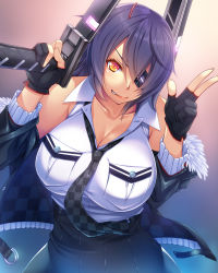 Rule 34 | 1girl, black gloves, black skirt, breast pocket, breasts, checkered clothes, checkered necktie, checkered neckwear, cleavage, collarbone, commentary request, cowboy shot, eyepatch, fur-trimmed jacket, fur trim, gloves, gradient background, headgear, holding, holding sword, holding weapon, jacket, kantai collection, large breasts, looking at viewer, necktie, off-shoulder jacket, off shoulder, open clothes, open jacket, over shoulder, partially fingerless gloves, pocket, purple hair, shirt, short hair, sidelocks, skirt, sleeveless, sleeveless shirt, smirk, solo, sword, sword over shoulder, tenryuu (kancolle), tenryuu kai ni (kancolle), weapon, weapon over shoulder, white shirt, yellow eyes, yuhji