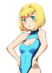 Rule 34 | 10s, 1girl, blonde hair, blue eyes, breasts, cleavage cutout, clothing cutout, competition swimsuit, heavy object, milinda brantini, one-piece swimsuit, short hair, small breasts, solo, standing, swimsuit, ueyama michirou