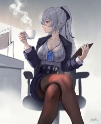 Rule 34 | 1girl, absurdres, alternate costume, arepko, belt, black jacket, black skirt, blush, breasts, bronya zaychik, brown eyes, brown jacket, chair, clipboard, closed mouth, crossed legs, cup, earrings, grey hair, grey sweater, highres, holding, holding clipboard, holding cup, honkai (series), honkai impact 3rd, id card, indoors, jacket, jewelry, large breasts, long hair, long sleeves, looking to the side, office chair, office lady, open clothes, open jacket, ponytail, profile, signature, sitting, skirt, solo, steam, sweater, swivel chair