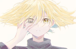 Rule 34 | 1boy, blonde hair, hair between eyes, hand up, heterochromia, highres, male focus, messy hair, nukumori mashu, parted lips, portrait, pppppp, simple background, solo, sonoda lucky, symbol-shaped pupils, white background, yellow eyes