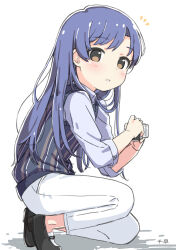Rule 34 | 1girl, blue hair, blue shirt, blush, brown eyes, camera, collared shirt, dot nose, eyelashes, flat chest, forehead, from side, full body, holding, holding camera, idolmaster, idolmaster (classic), idolmaster million live!, idolmaster million live! theater days, kisaragi chihaya, kneeling, kuresuku (lessons), loafers, long hair, long sleeves, looking at viewer, looking to the side, notice lines, pants, parted bangs, parted lips, shirt, shoes, sidelocks, simple background, sleeves rolled up, solo, straight hair, striped clothes, striped vest, vertical-striped clothes, vertical-striped vest, vest, white background, white pants