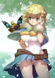Rule 34 | 1girl, aqua eyes, arm behind back, blonde hair, braid, breasts, capelet, closed mouth, covered erect nipples, covered navel, cowboy shot, eyebrows hidden by hair, final fantasy, final fantasy crystal chronicles, fur trim, gluteal fold, hand on own face, highleg, highleg leotard, highres, impossible clothes, impossible leotard, kalua, large breasts, leotard, looking to the side, raccoon tail selkie (female), selkie, short hair, simple background, skirt, solo, staff, thighs, white leotard, wide hips, wrist cuffs