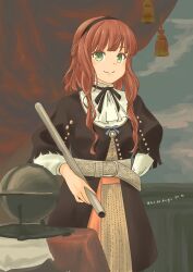 Rule 34 | 1girl, absurdres, alternate costume, blush, braid, breasts, dated, de ruyter (kancolle), dress, green eyes, hairband, highres, kantai collection, long hair, name connection, pot-de, red hair, small breasts, smile, solo