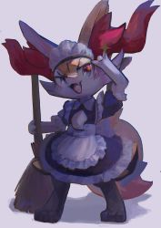 Rule 34 | :3, animal ear fluff, animal ears, arm up, blush, braixen, broom, clothed pokemon, collared shirt, creatures (company), dress, fang, fox ears, fox tail, frilled dress, frills, furry, game freak, gen 6 pokemon, highres, holding, holding broom, ikei, maid, maid headdress, nintendo, open mouth, pokemon, pokemon (creature), red eyes, shirt, short sleeves, simple background, skin fang, slit pupils, smile, solo, standing, star (symbol), tail, tsurime, white background