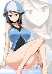 Rule 34 | 10s, 1girl, adapted costume, alternate costume, arm at side, bare arms, bare legs, barefoot, blue hat, breasts, brown eyes, brown hair, collarbone, competition swimsuit, girls und panzer, hair between eyes, halcon, hat, large breasts, light smile, long hair, looking at viewer, mika (girls und panzer), one-piece swimsuit, sitting, smile, solo, swimsuit