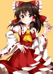 Rule 34 | 1girl, ascot, bow, brown eyes, brown hair, detached sleeves, frilled bow, frills, gohei, hair between eyes, hair bow, hair tubes, hakurei reimu, hand on own hip, highres, long hair, looking at viewer, ofuda, ribbon-trimmed sleeves, ribbon trim, ruu (tksymkw), simple background, smile, solo, touhou, white background, wide sleeves, yellow ascot