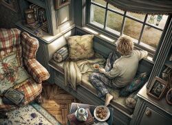Rule 34 | 1boy, 1girl, 1other, analog clock, armchair, barefoot, blonde hair, book, carpet, chair, clock, commentary request, cookie, cup, day, dress, food, highres, holding, holding cup, indoors, kobone awaki, letter, long sleeves, male focus, original, photo (object), pillow, plate, sitting, sunlight, teacup, teapot, window, wooden floor