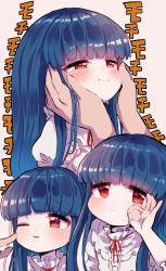 Rule 34 | 1girl, :i, blue hair, blunt bangs, blush, dress, frilled dress, frills, hands on another&#039;s cheeks, hands on another&#039;s face, idolmaster, idolmaster cinderella girls, long hair, long sleeves, multiple views, ofu dere, ok sign, red eyes, sajo yukimi, smile, solo focus, translation request