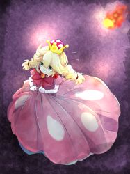 Rule 34 | 1girl, blonde hair, bow, braid, crown, dress, elbow gloves, fireball, fleeing, flying sweatdrops, gem, gloves, grey eyes, highres, long hair, mario (series), moro (like the gale!), new super mario bros. u deluxe, nintendo, peachette, pink bow, puffy short sleeves, puffy sleeves, running, short sleeves, solo, spots, super crown, toadette, twin braids, wavy mouth, white gloves
