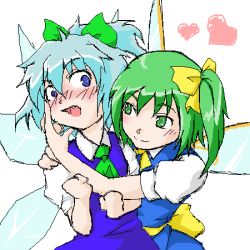 Rule 34 | 2girls, blush, bow, cirno, daiyousei, female focus, lowres, multiple girls, embodiment of scarlet devil, touhou