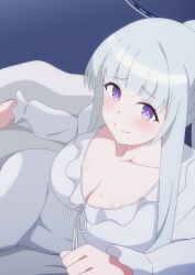 1girl bed blue_archive blush breasts cleavage closed_mouth dress halo hara_(harayutaka) highres large_breasts long_hair long_sleeves looking_at_viewer mechanical_halo noa_(blue_archive) noa_(pajamas)_(blue_archive) official_alternate_costume on_bed pajamas ponytail purple_eyes smile solo white_dress white_hair white_halo white_pajamas