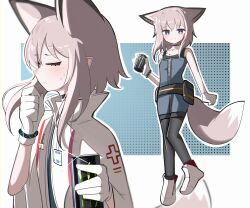 Rule 34 | 1girl, absurdres, animal ears, arknights, bare shoulders, black choker, black pantyhose, blue dress, blue eyes, blush, brown hair, can, choker, closed eyes, closed mouth, collarbone, dress, energy drink, fox ears, fox girl, fox tail, hair between eyes, highres, holding, holding can, jacket, monster energy, multiple views, open clothes, open jacket, pantyhose, shoes, smile, spam (spamham4506), sussurro (arknights), sweat, tail, white footwear, white jacket