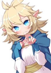 Rule 34 | 1girl, blonde hair, blue cloak, blue eyes, breasts, bridal gauntlets, chain, character name, cloak, closed mouth, commentary, dress, dungeon meshi, dutch angle, eyelashes, fionil (dungeon meshi), flipped hair, hands up, highres, hood, hooded cloak, long hair, long sleeves, looking at viewer, neck o, sash, simple background, small breasts, solo, tearing up, v-neck, wavy mouth, white background, white dress