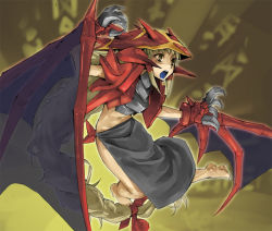 Rule 34 | 1girl, barefoot, blonde hair, claws, cosplay, duel monster, female focus, gender request, genderswap, hey taisyou, long hair, midriff, monster girl, open mouth, personification, uria lord of searing flames, uria lord of searing flames (cosplay), wide hips, wings, yellow eyes, yu-gi-oh!