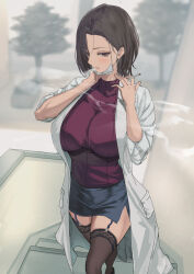 Rule 34 | 1girl, black hair, black thighhighs, blue skirt, blurry, blurry background, blush, breasts, cigarette, garter straps, holding, holding cigarette, kesoshirou, lab coat, large breasts, looking at viewer, mask, mask pull, miniskirt, mouth mask, original, pencil skirt, purple sweater, ribbed sweater, school nurse, short hair, skirt, smoking, solo, sweater, thighhighs, turtleneck, turtleneck sweater, zettai ryouiki