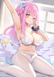 Rule 34 | 1girl, angel wings, armpits, arms up, bed sheet, black scrunchie, blue archive, blue bow, blue ribbon, blush, bow, bow bra, bra, breasts, cleavage, collarbone, crescent, curtains, feathered wings, feet out of frame, fingernails, flower, frilled ribbon, frills, gradient background, hair bun, hair flower, hair ornament, hair ribbon, halo, highres, indoors, konka, lace, lace-trimmed bra, lace-trimmed panties, lace bra, lace trim, large breasts, legs, long hair, looking at viewer, low wings, mika (blue archive), nail polish, navel, one eye closed, panties, pantyhose, parted lips, pink hair, pink halo, pink nails, ribbon, ribbon panties, scrunchie, single side bun, sitting, solo, stomach, sweat, thighs, underwear, underwear only, very long hair, wariza, white bra, white panties, white pantyhose, white ribbon, white wings, window, wing ornament, wings, wrist scrunchie, yellow eyes