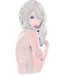 Rule 34 | 1girl, absurdres, bare back, blonde hair, blue eyes, facing viewer, from side, hair over one eye, highres, imliiiiiie, lipstick, long hair, looking at viewer, makeup, original, parted lips, real life, red lips, self hug, simple background, smile, solo, taylor swift, teeth, upper body, white background