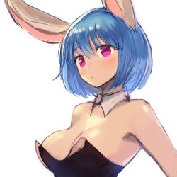 Rule 34 | 1girl, animal ears, black leotard, blue hair, blush, breasts, closed mouth, detached collar, fake animal ears, highres, large breasts, leotard, looking at viewer, original, pink eyes, playboy bunny, rabbit ears, rabbit girl, short hair, simple background, sketch, solo, sookmo, upper body, white background, wing collar