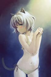 Rule 34 | 1girl, animal ears, bad id, bad pixiv id, blush, bob cut, bra, cat ears, cat tail, flat chest, green eyes, own hands clasped, highres, lingerie, navel, own hands together, panties, sanya v. litvyak, short hair, side-tie panties, silver hair, solo, strike witches, tail, underwear, underwear only, uyama hajime, world witches series