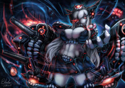 Rule 34 | 10s, 1girl, abs, abyssal ship, bare shoulders, black hair, breasts, dark persona, elbow gloves, fingerless gloves, gloves, glowing, glowing eyes, hairband, headgear, kantai collection, long hair, nagato (kancolle), personification, qblade, red eyes, solo, thighhighs